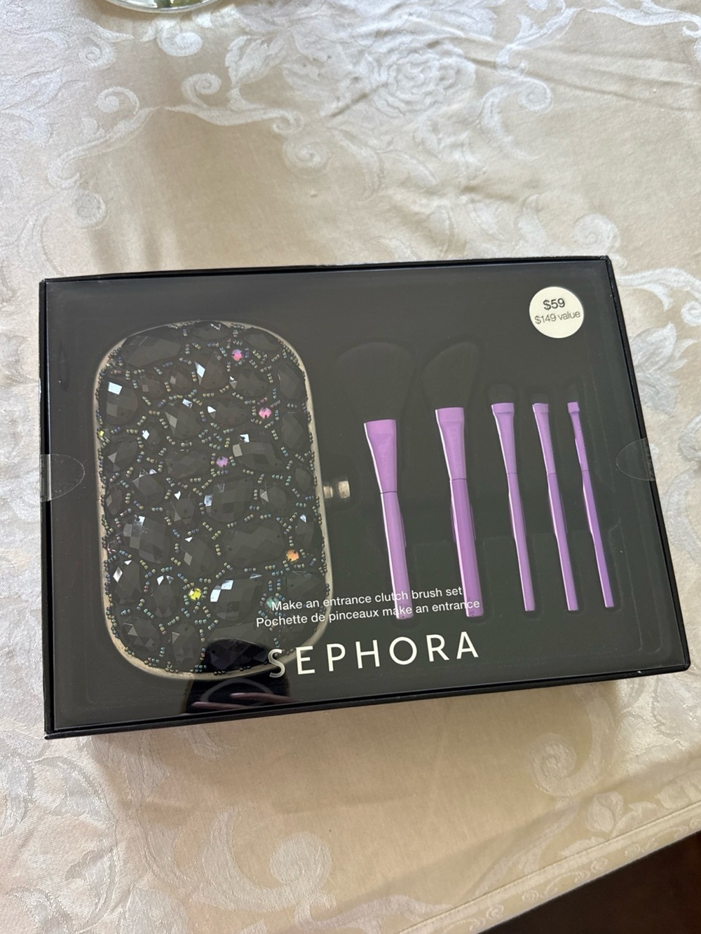 Sephora Purple Brush Set with Jeweled Black Clutch